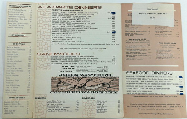 John Zittels Covered Wagon Inn - Menu (newer photo)